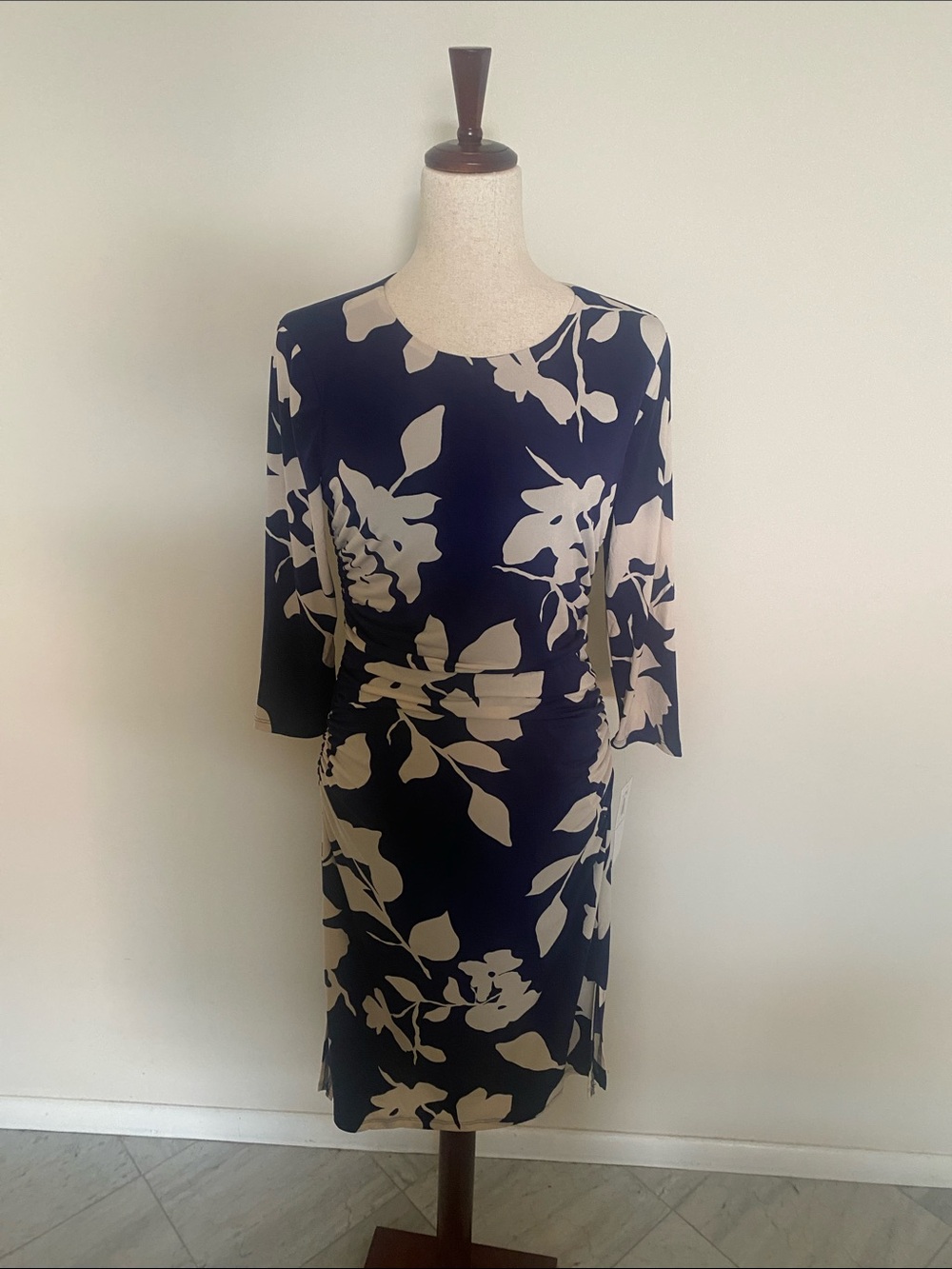 London Times Navy and Cream Floral Midi Sheath Dress